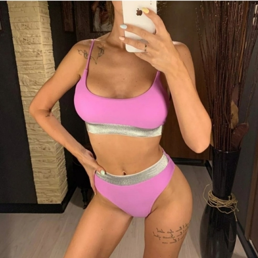 New Purple Shimmering Bralette Top Bikini Set Swimsuit Size S